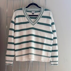 CAbi Arena V-neck pullover Green and White V-Neck Sweater with Stripes